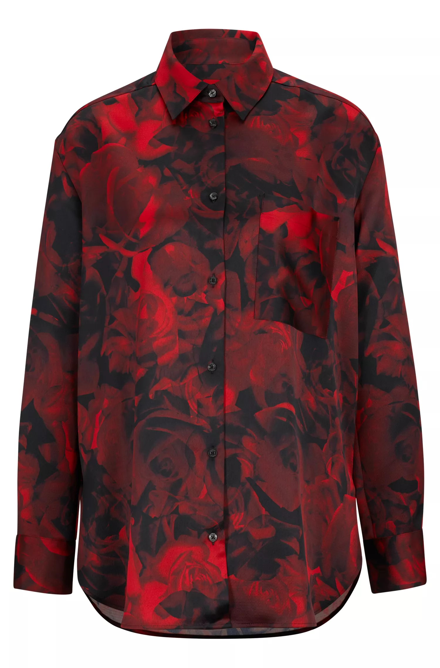 Blusa HUGO vermelha, modelo longo e modelagem solta com estampa de rosas.