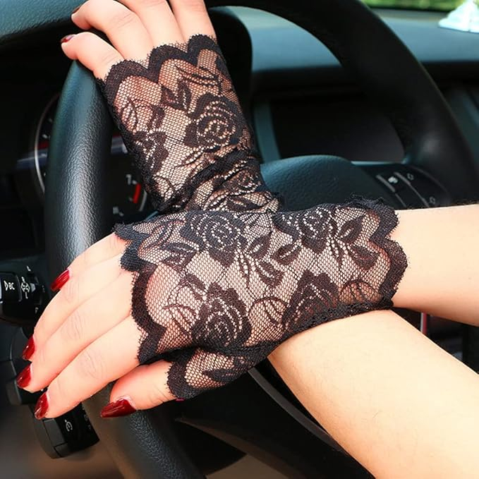 (1 Paar) Kurze Spitzenhandschuhe Fingerlose Fashion Handstulpen - Schwarz