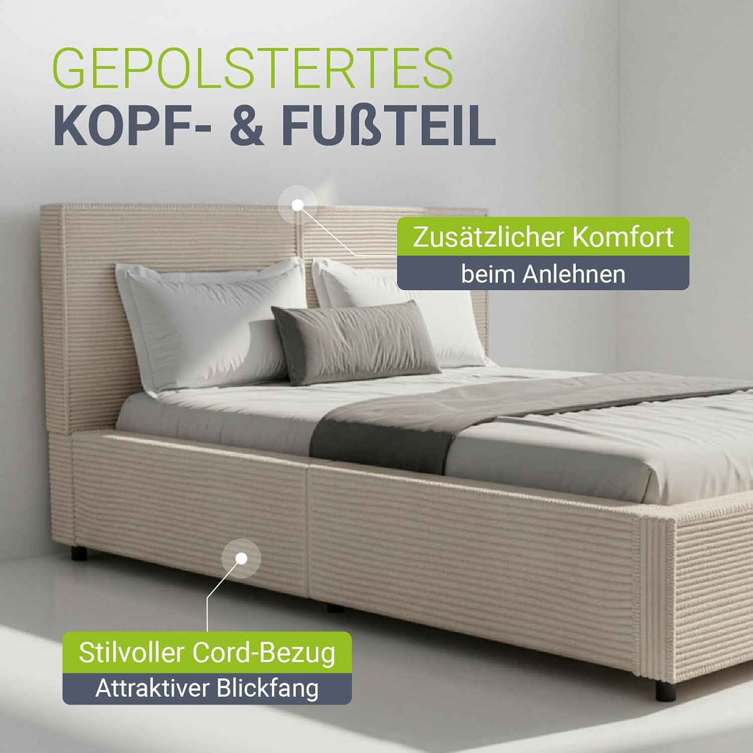 Juskys Polsterbett Salerno 140 x 200 cm – Cord Beige, modernes Bett mit Kopf- & Fußteil, stabilem Holz- & Metallrahmen, Lattenrost, 500 kg Tragkraft