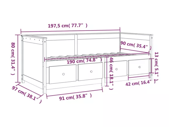 Lit de jour sans matelas noir 90x190 cm bois de pin massif
