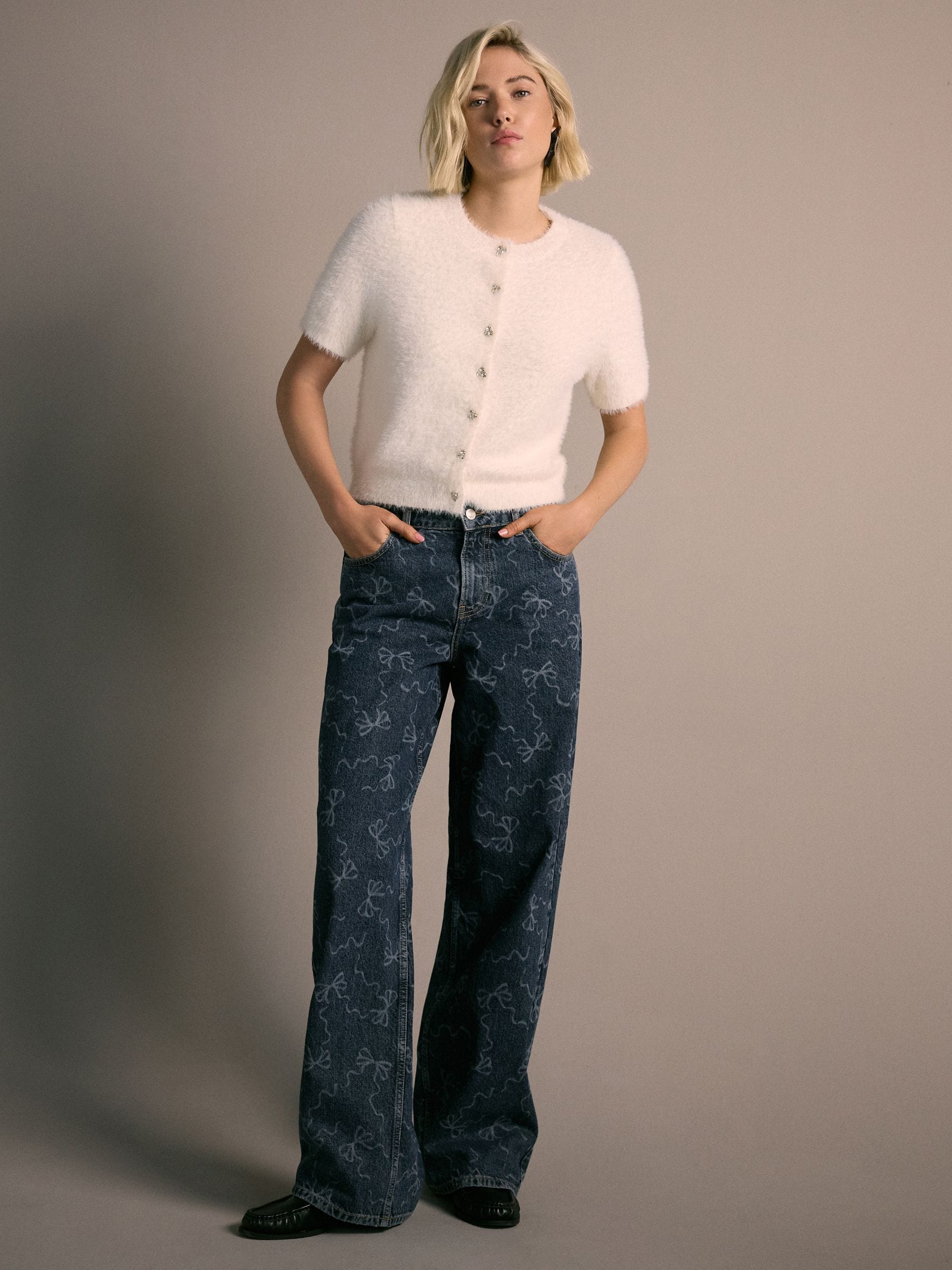 Ecru - Gem Button Textured Short Sleeve Cardigan