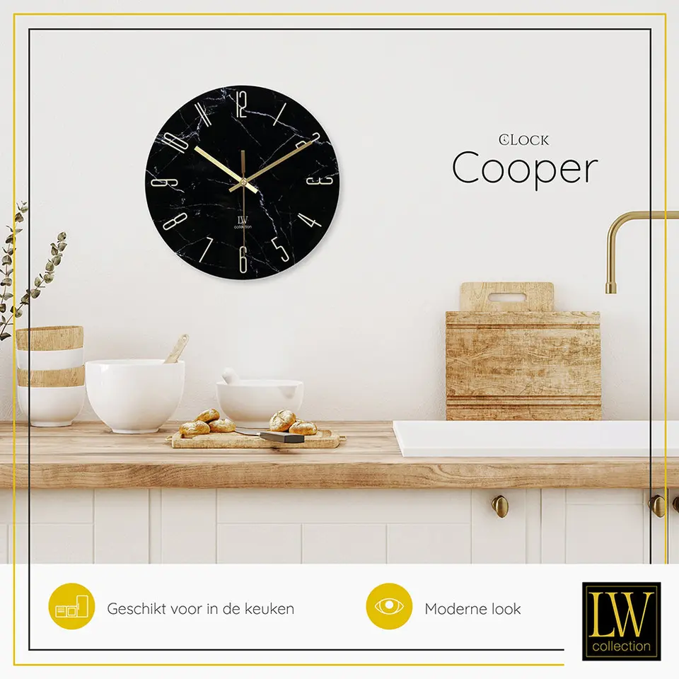 LW Collection Keukenklok Cooper zwart marmer 30cm