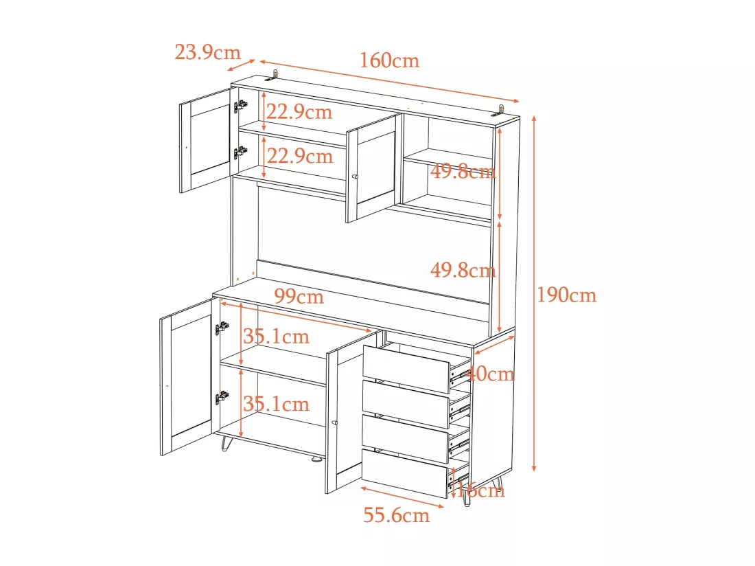 Buffet de cuisine Armoire verre haute Armoire de cuisine Plan de travaille Compartiment ouverts 4 portes 4 Tirois Blanc 160x40x190cm