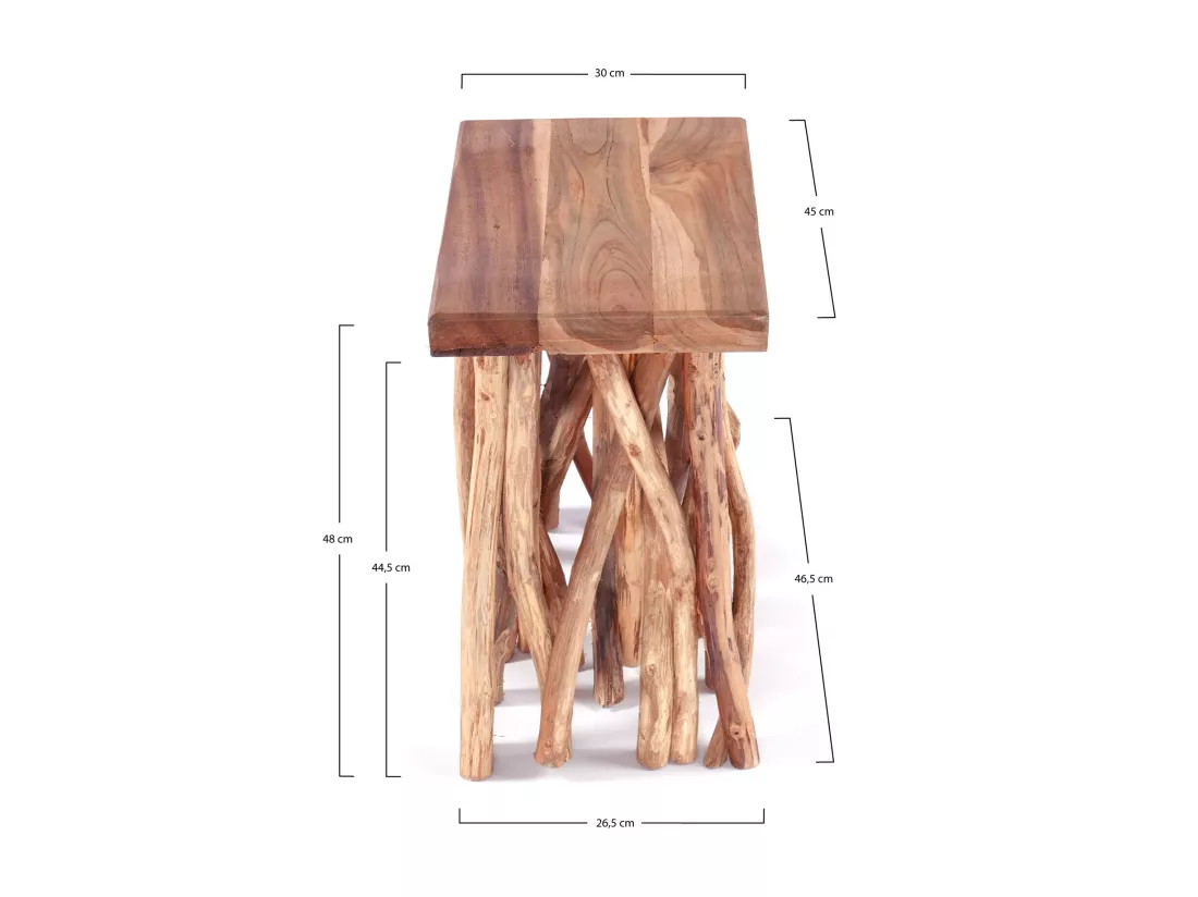 TABLE D'APPOINT Bois Teck en bois massif, socle en branches naturelles. couleurs naturelles