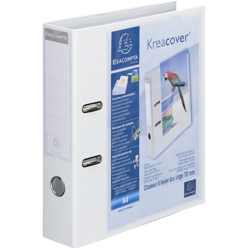 Classeur à levier plastifié Exacompta KREACOVER® personnalisable A4 - Dos 7 cm blanc