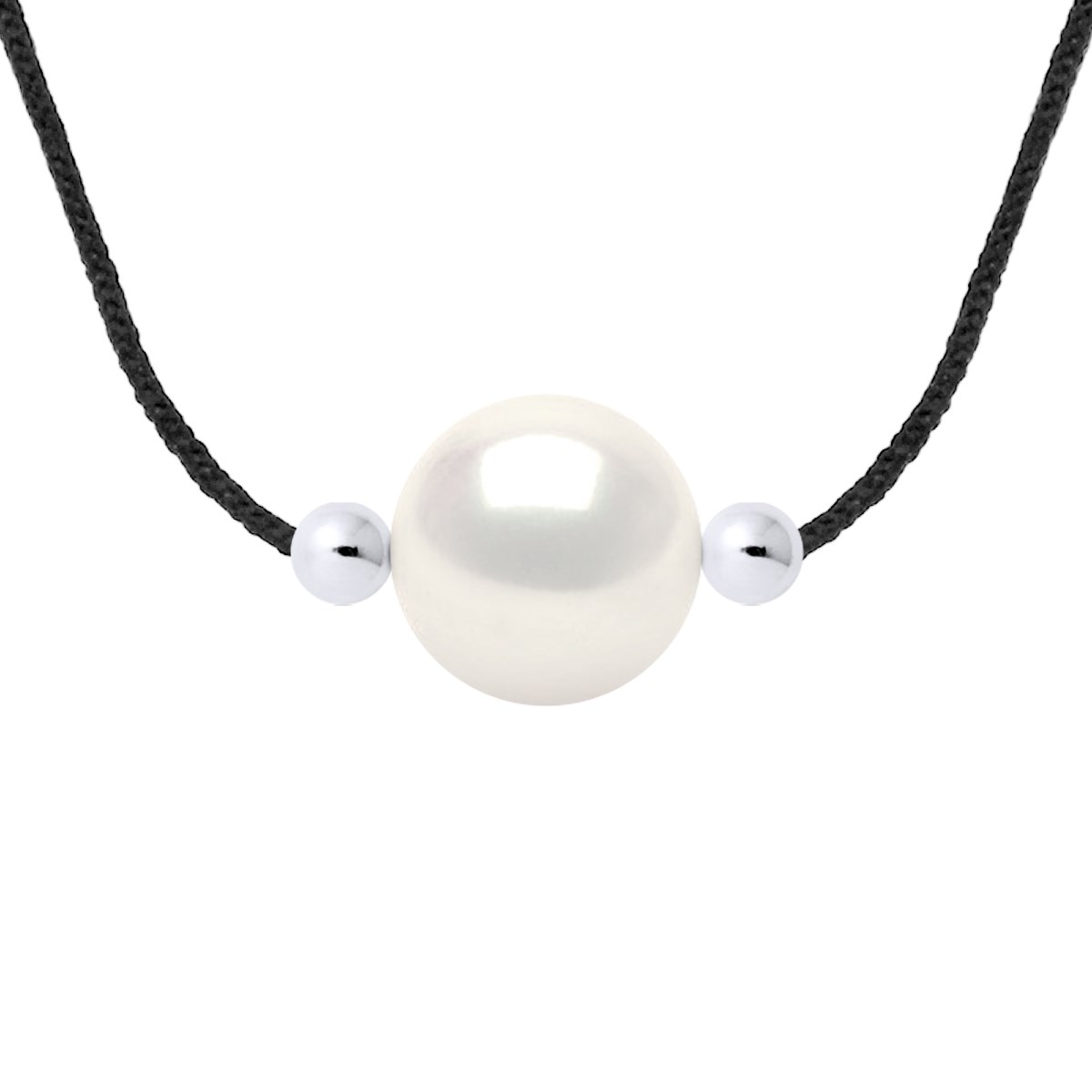 Collier Perle d'Eau Douce Ronde 9-10 mm Blanche Nylon Noir Argent 925