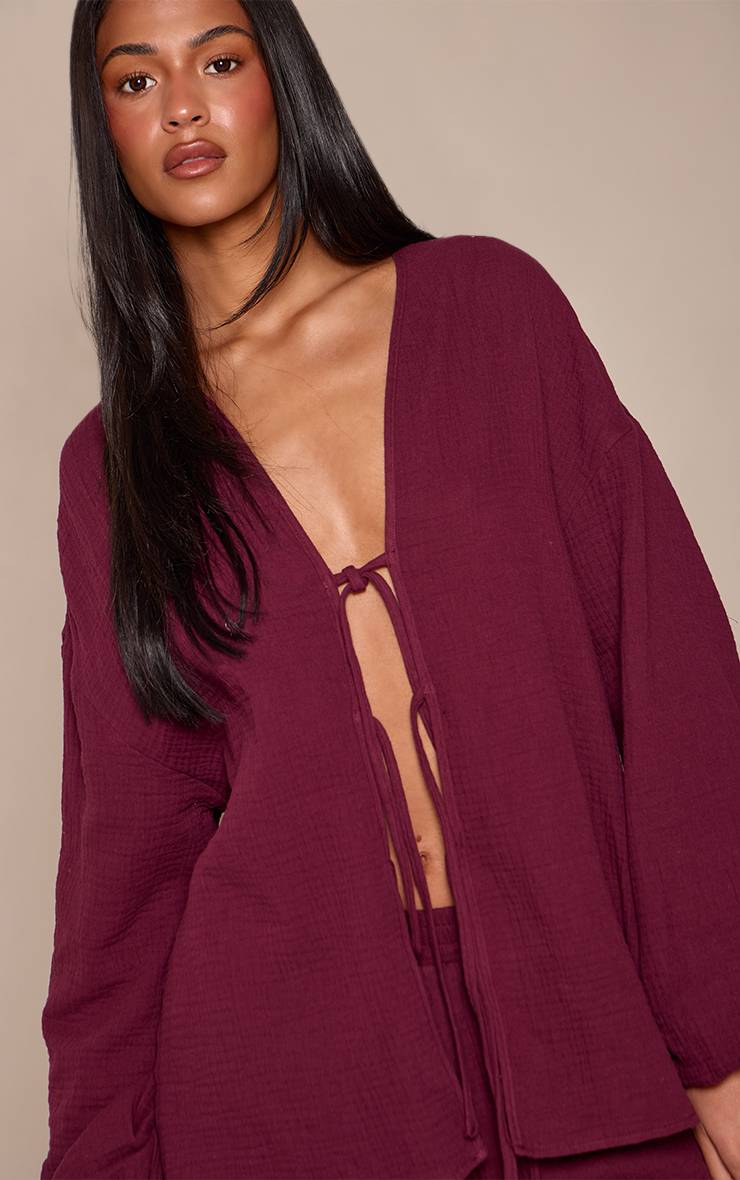Prune Ensemble Coordonné Chemise Tall En Gaze Texturée À Nouer Devant