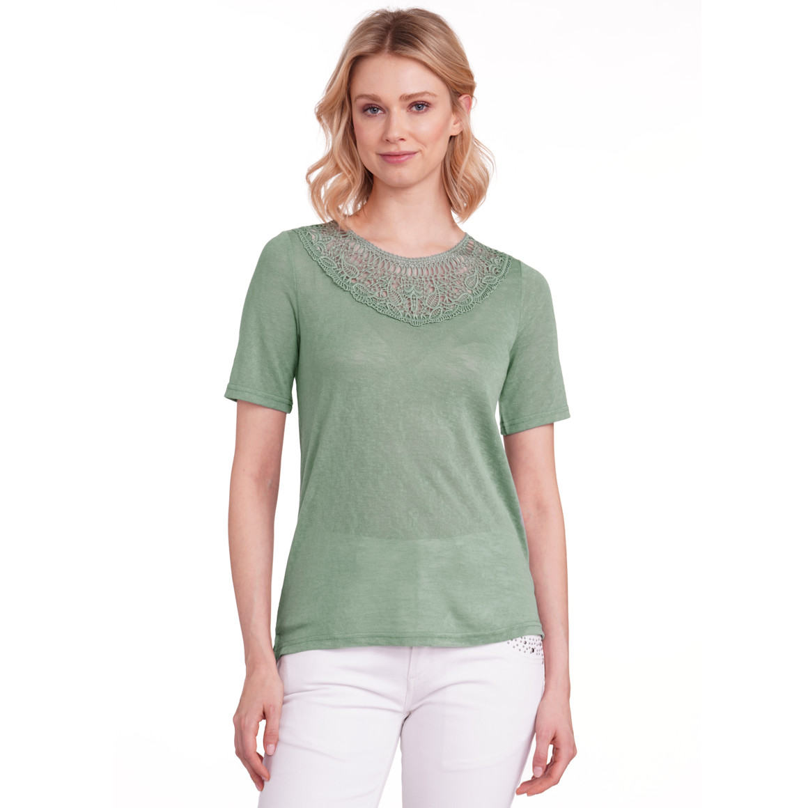 Gina Damen T-Shirt mit Spitzenausschnitt oliv