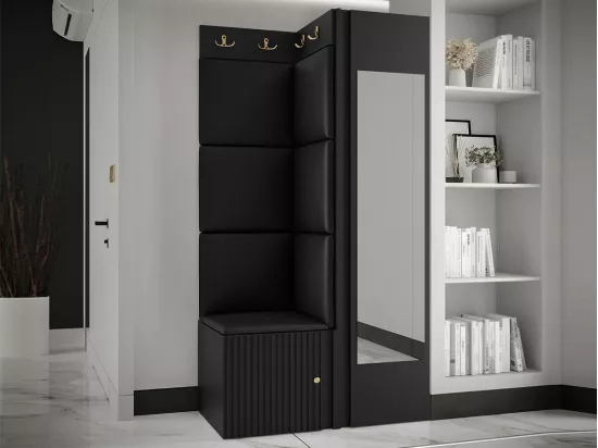 Meuble d'entrée Hartford 391, 186x82x46cm, Miroir, Noir, MDF|Stratifié|Faux cuir