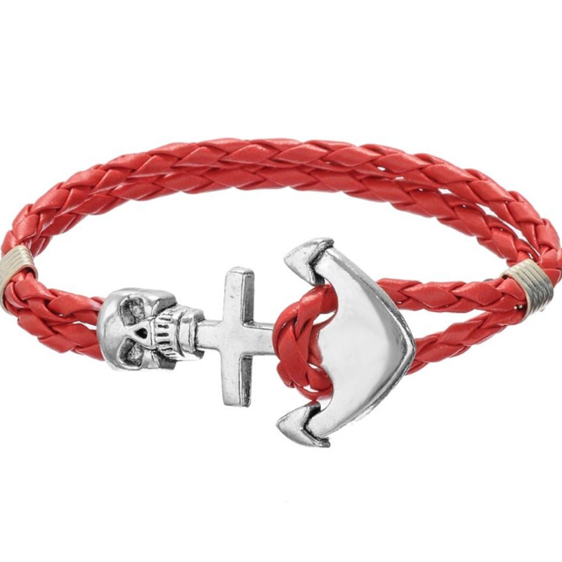 Bracelet Homme Crâne et Ancre en Cuir Tressé Rouge et Acier Inoxydable