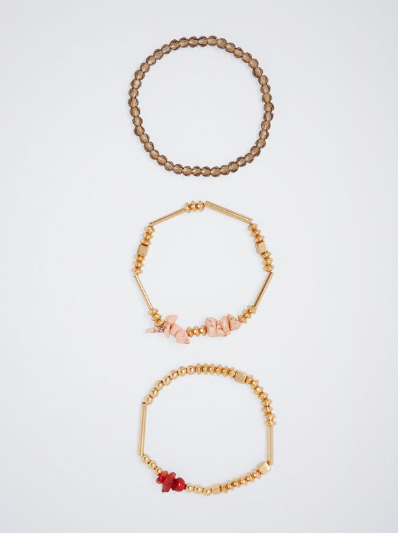Conjunto Pulseras Elásticas Con Piedra - Coral