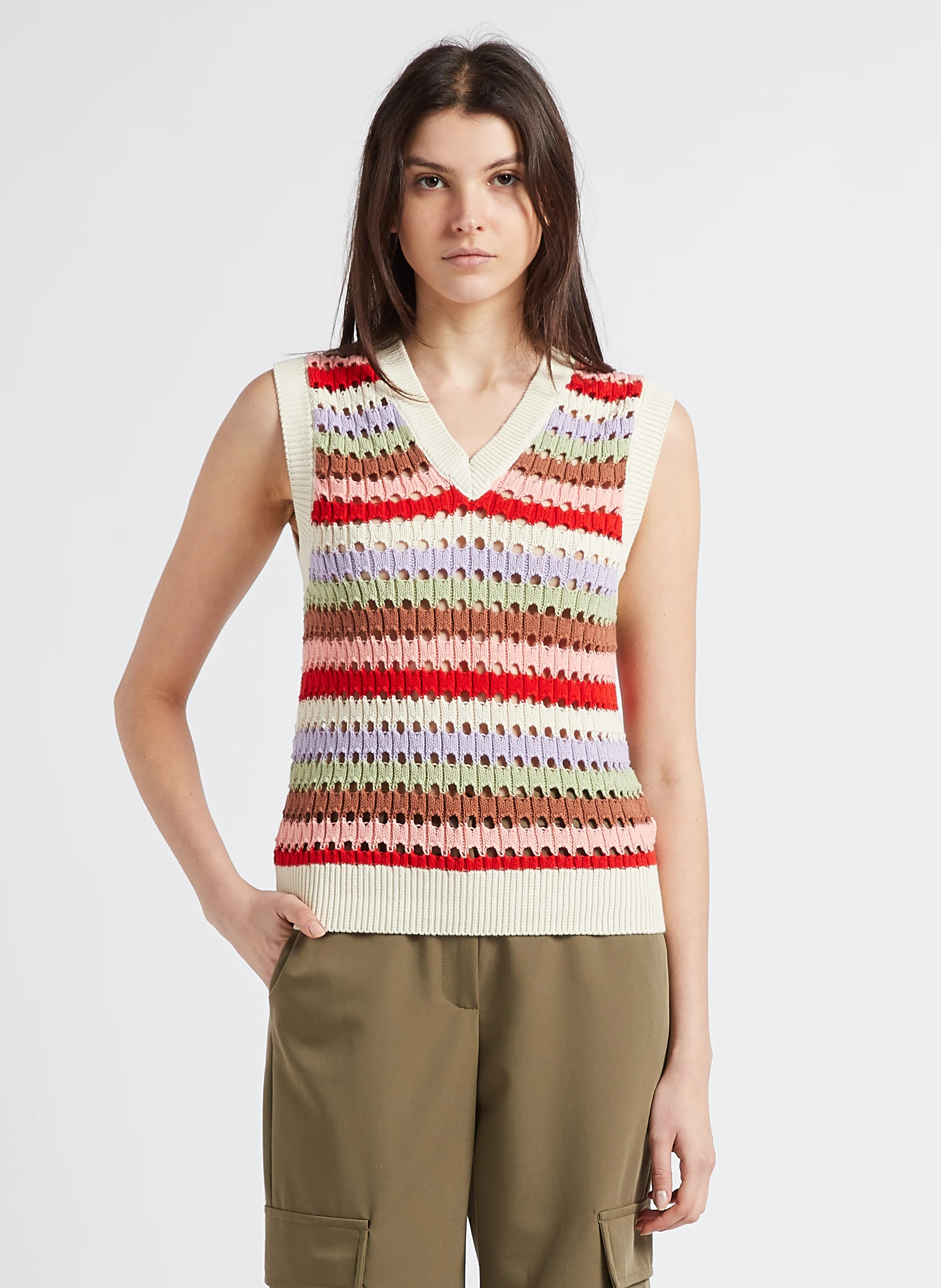 PATRIOTE - Pull col V rayé en coton | Beige