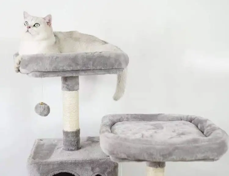 (145cm) Katzen Baum Sisal Kratzsäulen mit Häuschen / Hängematte / Aussichts Plattform - Grau