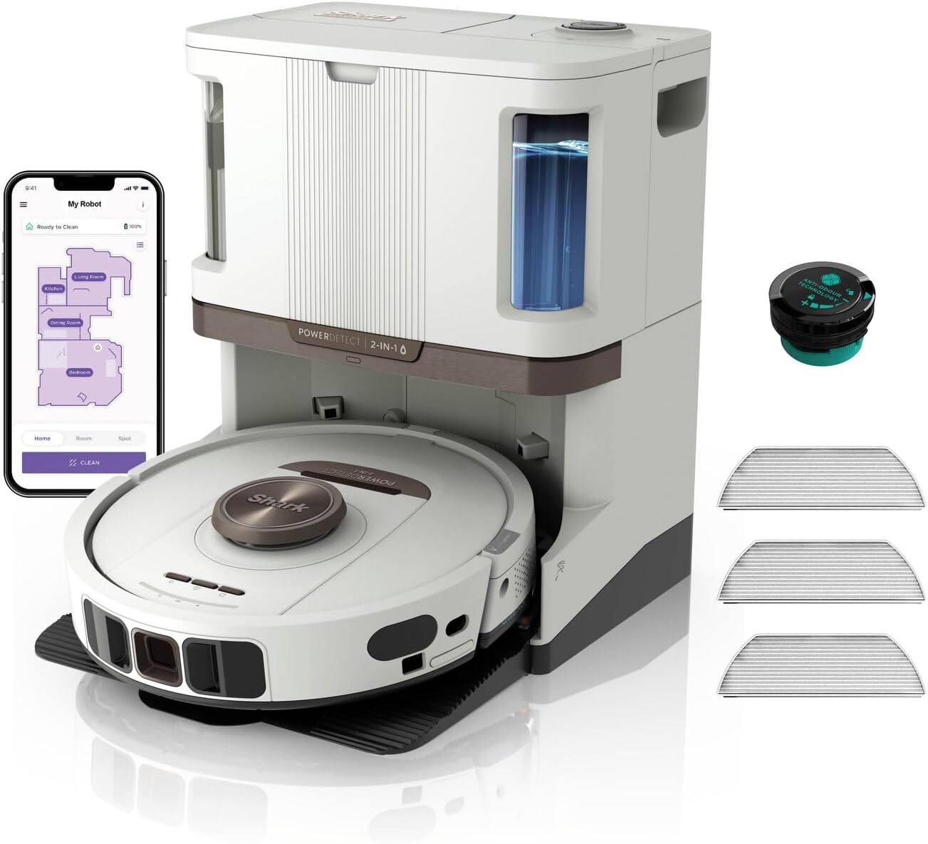 Shark PowerDetect 2-in-1 Saugroboter & Wischroboter, NeverTouch Pro 60-Tage-Selbstentleerung, selbständiges Nachfüllen & Reinigen, 3D-/ LiDAR-Navigation, NeverStuck, App-Steuerung, Weiß RV2800ZEEUWH