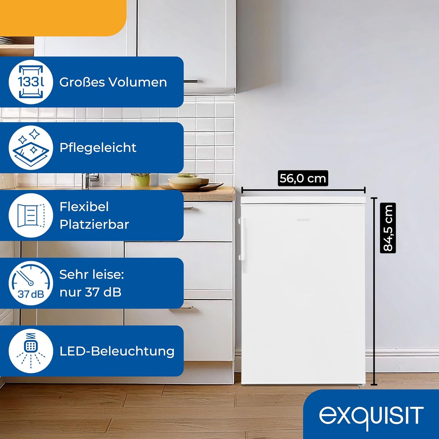 Exquisit Kühlschrank | 133 l Nutzinhalt, Energieklasse C, 37 dB(A) | kompakt, LED-Innenbeleuchtung, verstellbare Glasablagen, Gemüseschublade, manuelle Temperaturregelung | KS516-V-H-010C weiss