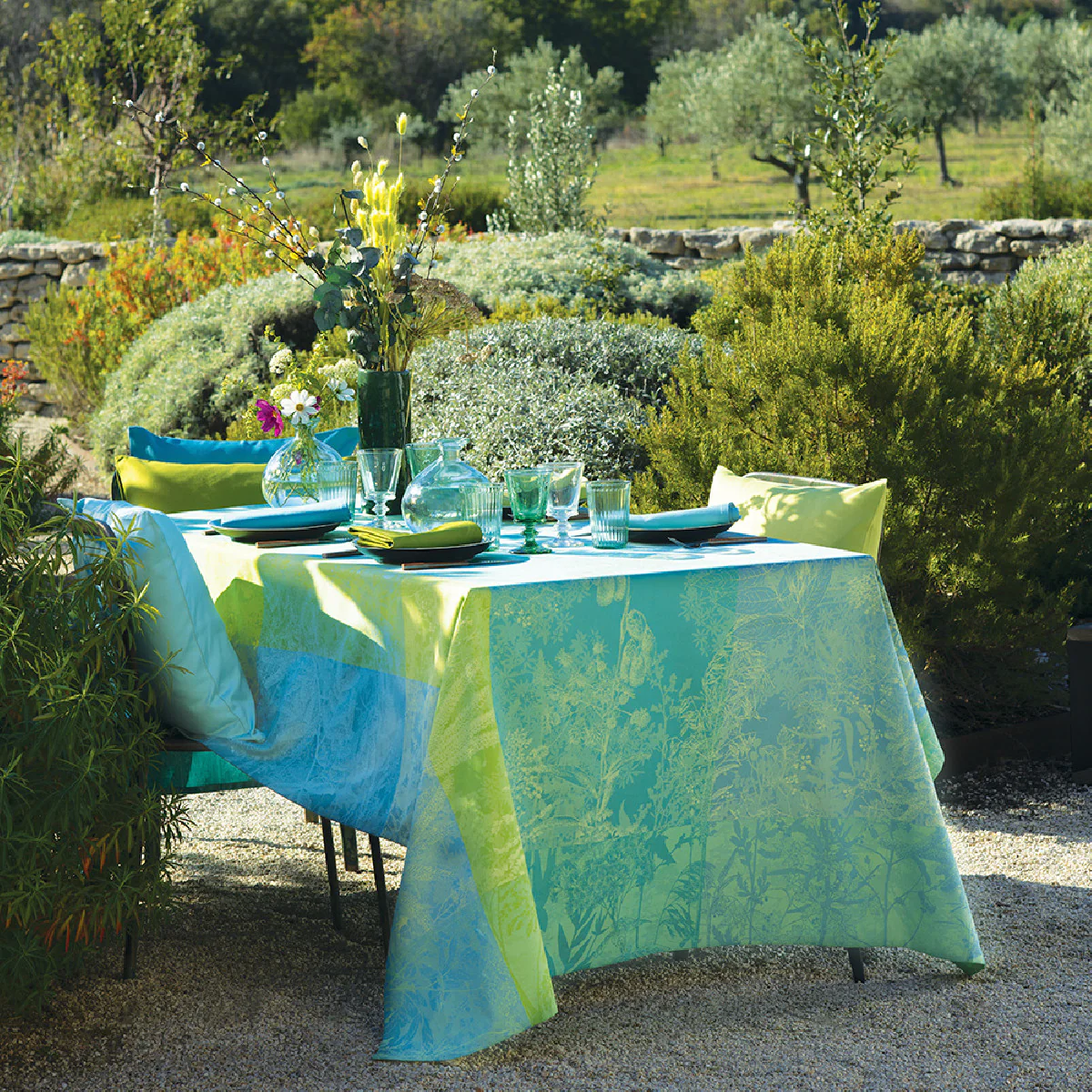 Nappe antitache déperlant pur coton vert 155x155 Garnier Thiebaut