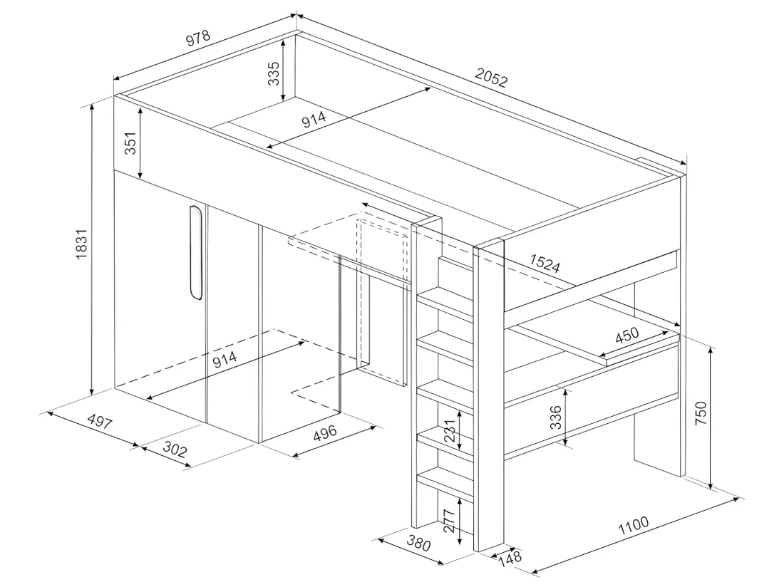 Lit mezzanine 90 x 200 cm avec armoire et bureau - Anthracite et blanc - NICOLAS II
