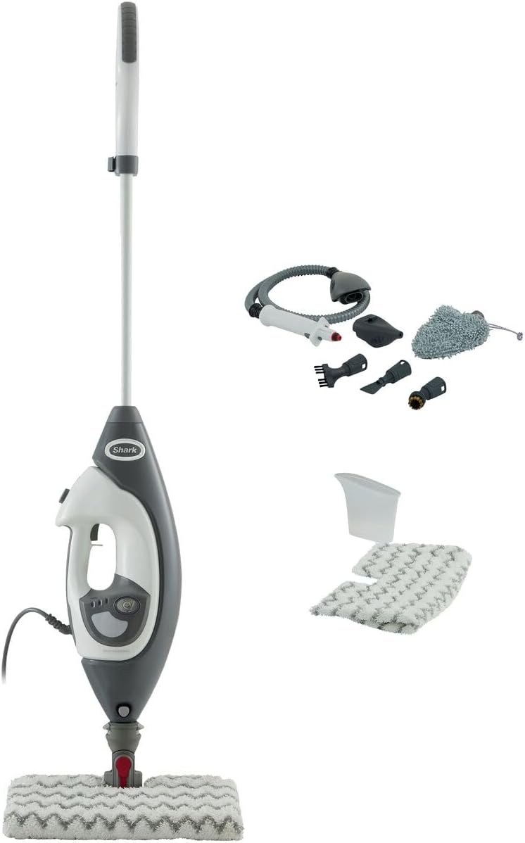 Shark Klik n' Flip Dampfreiniger, Boden- und Handreiniger, Dampfreiniger für Hartböden, Fliesen, Oberflächen, Wasserhähne und Glas, 5 Zubehörteile, 2 Einstellungen, Grau/Weiß S6005EU