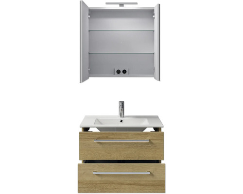 Badkamermeubelset Pelipal Cavallino (B x H x D 75 x 200 x 45 cm), frontkleur: Riviera eiken, met witte keramische wastafel, badmeubel met greep en spiegelkast met LED-verlichting