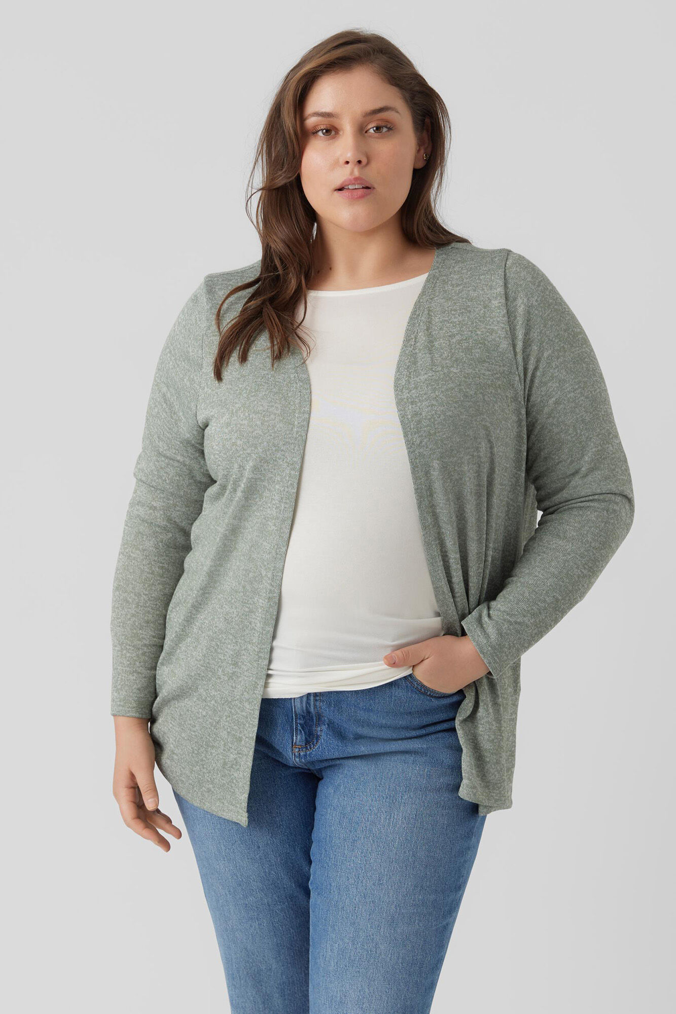 Cardigã básico de tricô plus size - Verde