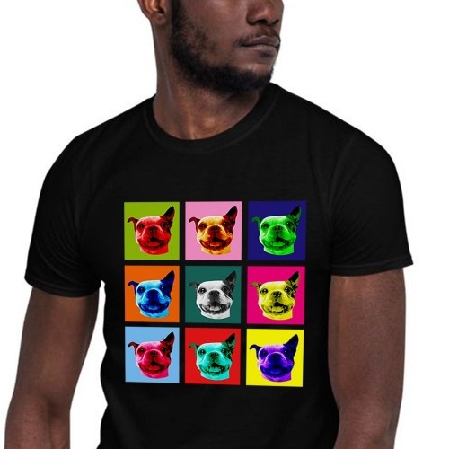 Camiseta masculina Mascochula, estilo Warhol, personalizada com seu animal de estimação, preta.