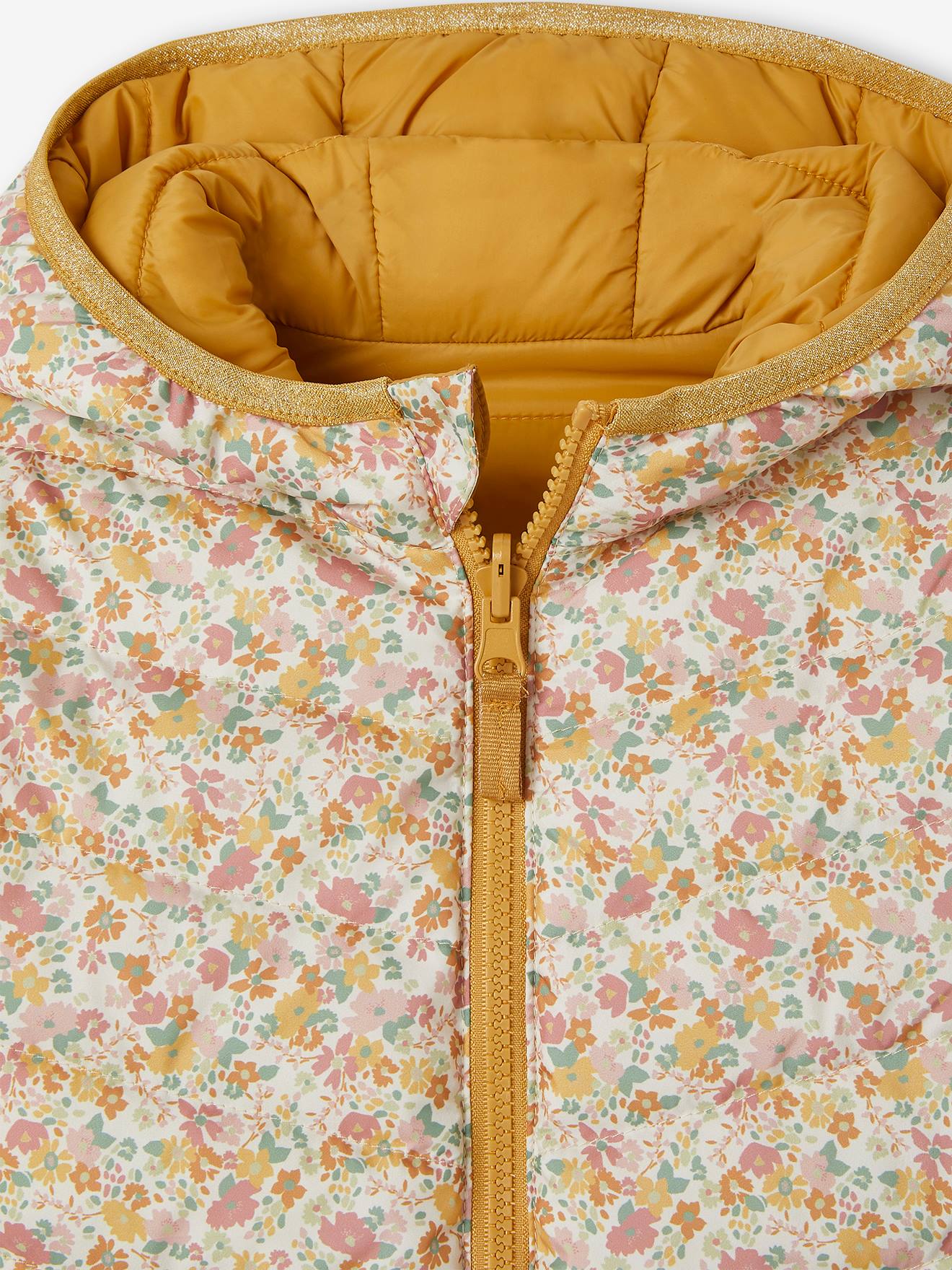 Jaqueta reversível leve com capuz para meninas, estampa rosa vibrante.