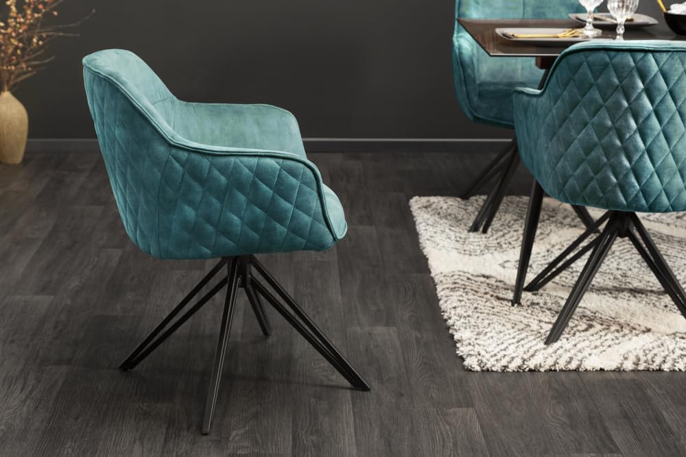 invicta INTERIOR Drehbarer Design Stuhl Euphoria 180° Petrol Samt mit Armlehne Metallgestell schwarz Küchenstuhl Esszimmerstuhl Esstischstuhl Samtstuhl