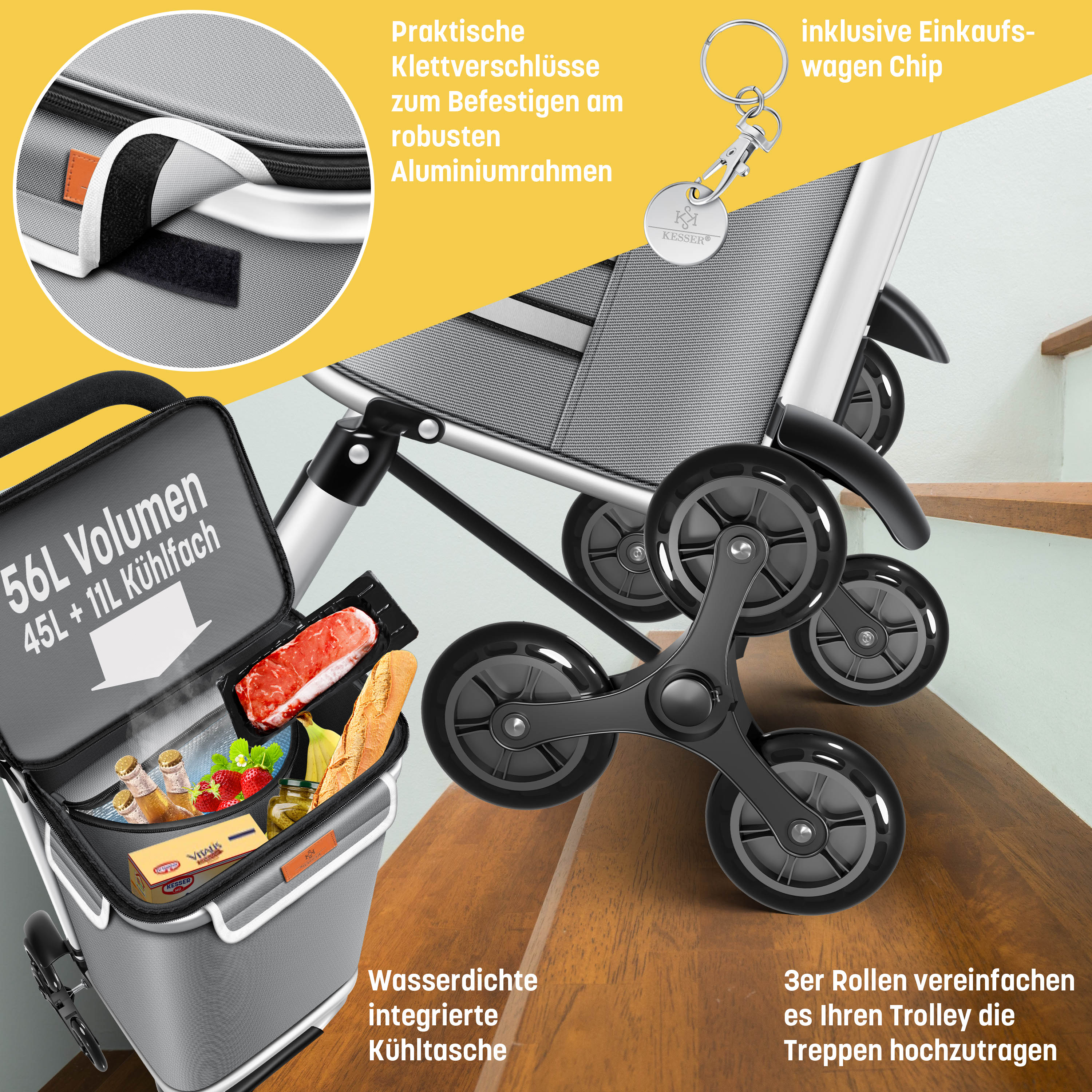 KESSER® Einkaufstrolley Treppensteiger mit Kühlfach klappbar mit 56L Kapazität und belastbar bis 50kg | 3in1 Trolley Sackkarre & Umhängetasche | Faltbarer Einkaufswagen inkl. Einkaufschip