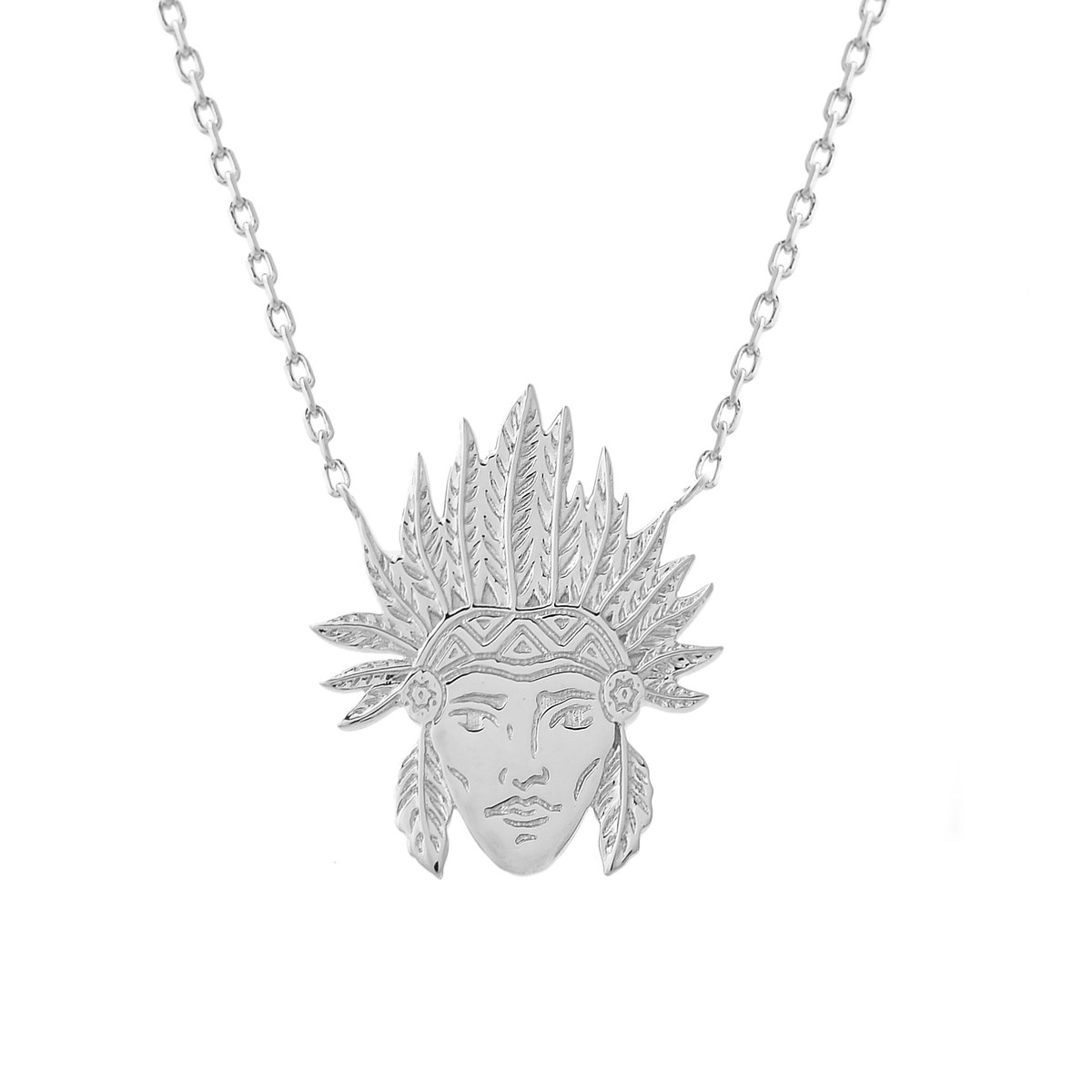 Collier tête d'indien d'Amérique amérindien coiffe plume Argent 925 Rhodié