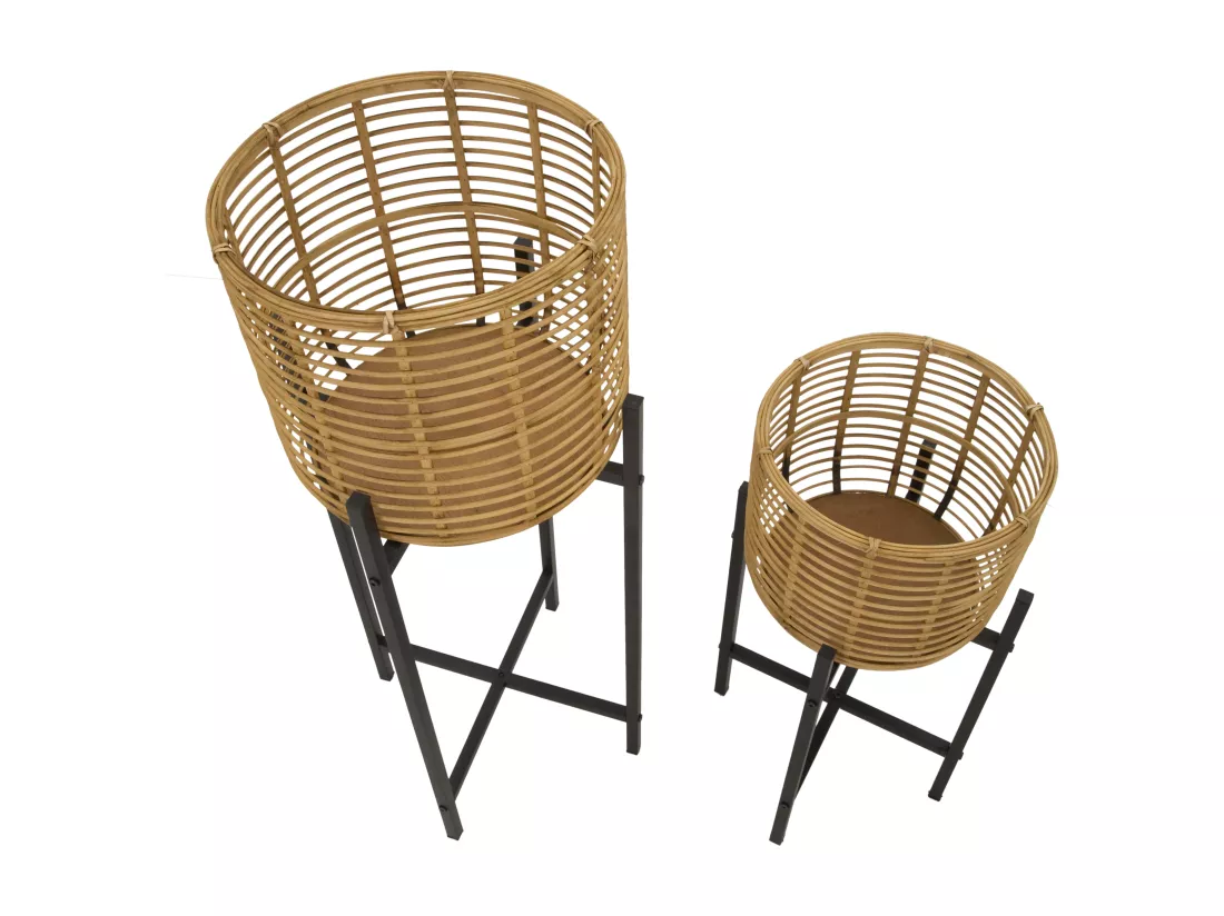 Lot de 2 cache-pots en rotin et métal marron et noir Ø 38x90-33x60 cm