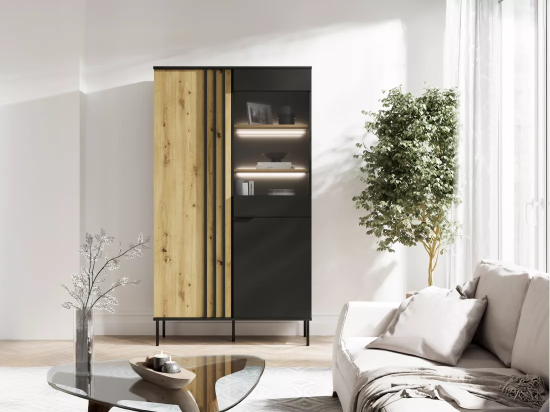Vitrine 2 portes et 3 niches avec LEDs - Noir et naturel - TUNALO