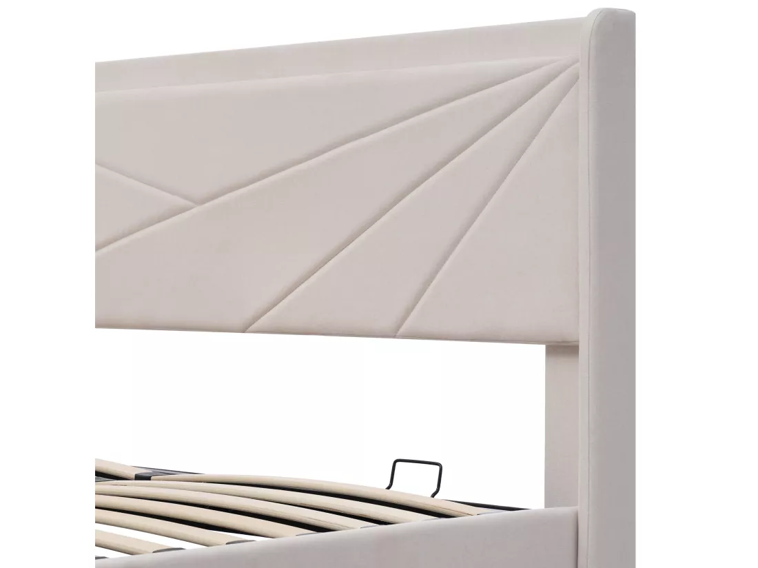 Lit coffre 160 x 200 cm - USB + type C - tissu en lin - beige