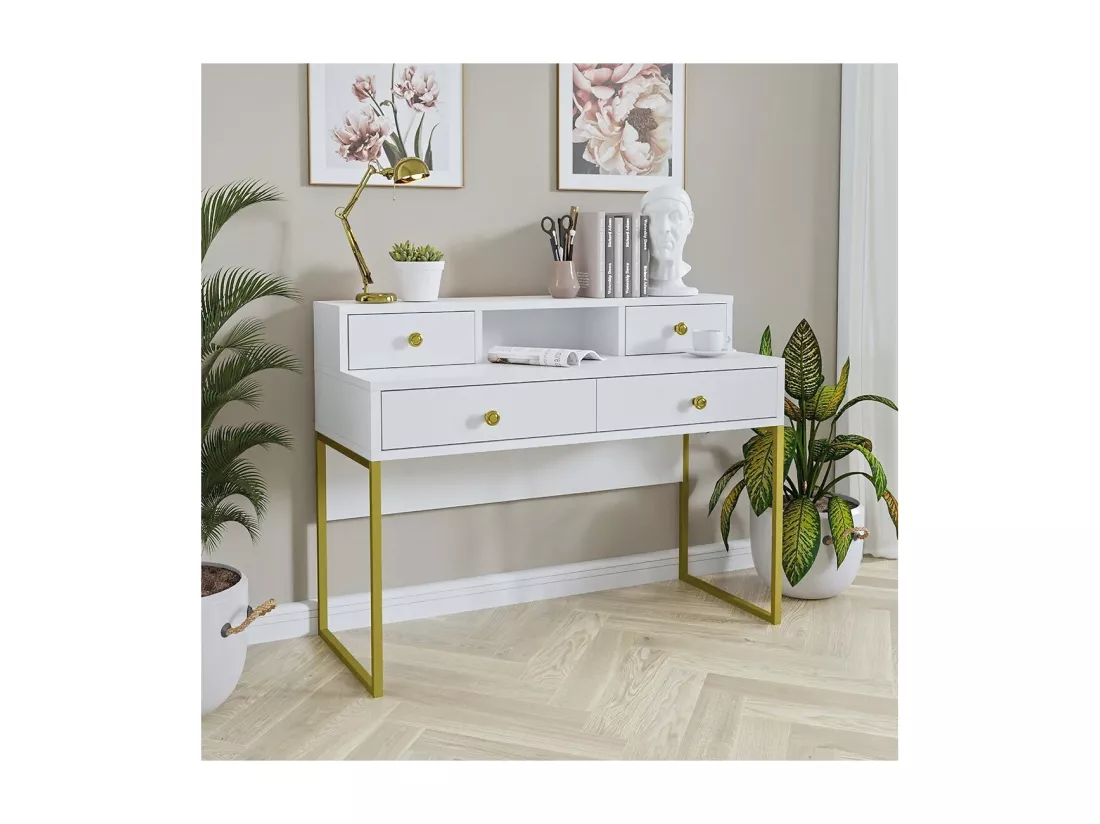 Console bureau design collection DOUGLAS avec quatre tiroirs et une niche, coloris blanc, 120 x 95 x 50 cm