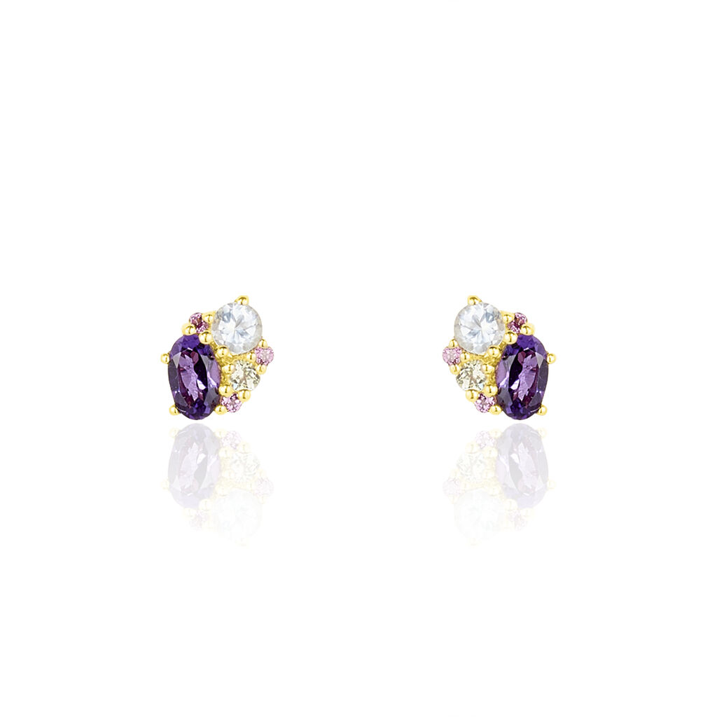 Boucles D'oreilles Pendantes Or Jaune Amethyste Et Topaze Et Péridot