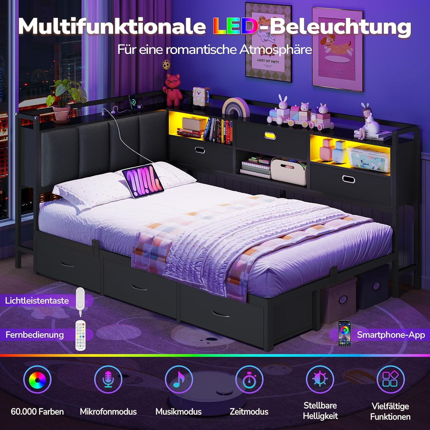Schlafsofa mit LED-Beleuchtung und Ladestation(2 AC-Steckdosen + 2 USB-Anschlüsse) Jugendbett 90x200 cm mit 6 Schubladen, Tagesbett 90x200 cm, Gepolsterte Rückenlehne mit verstecktem Stauraum