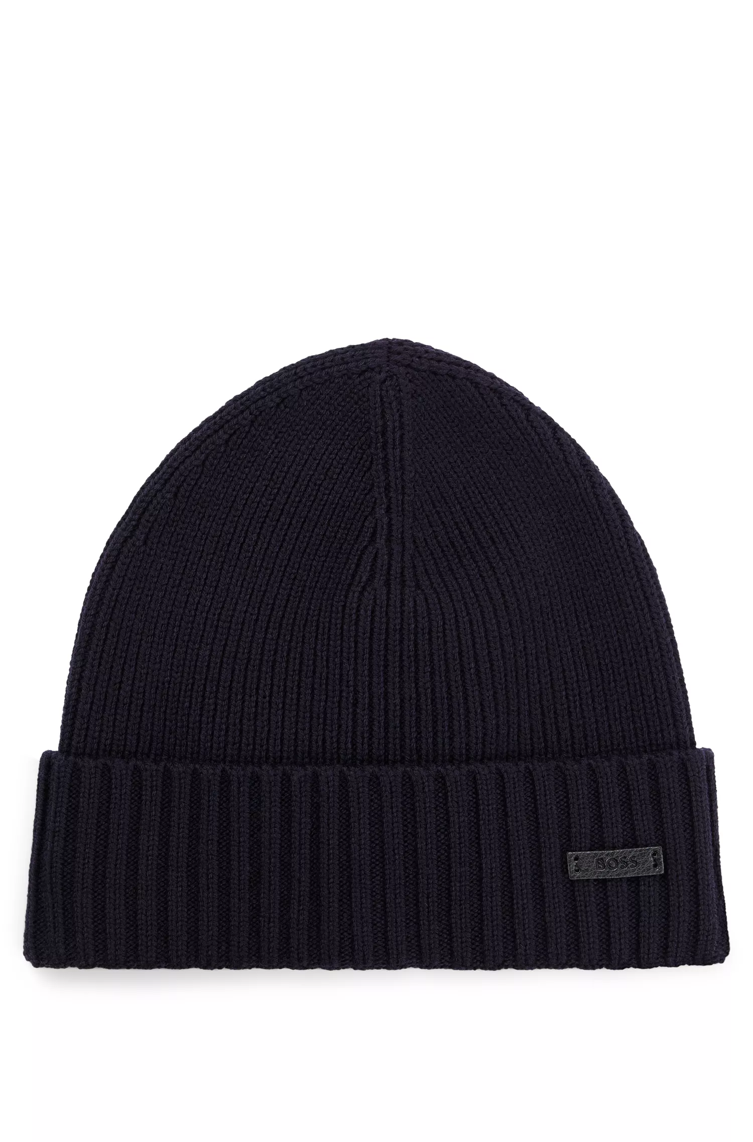 Gorro BOSS preto canelado em lã virgem de origem sustentável.