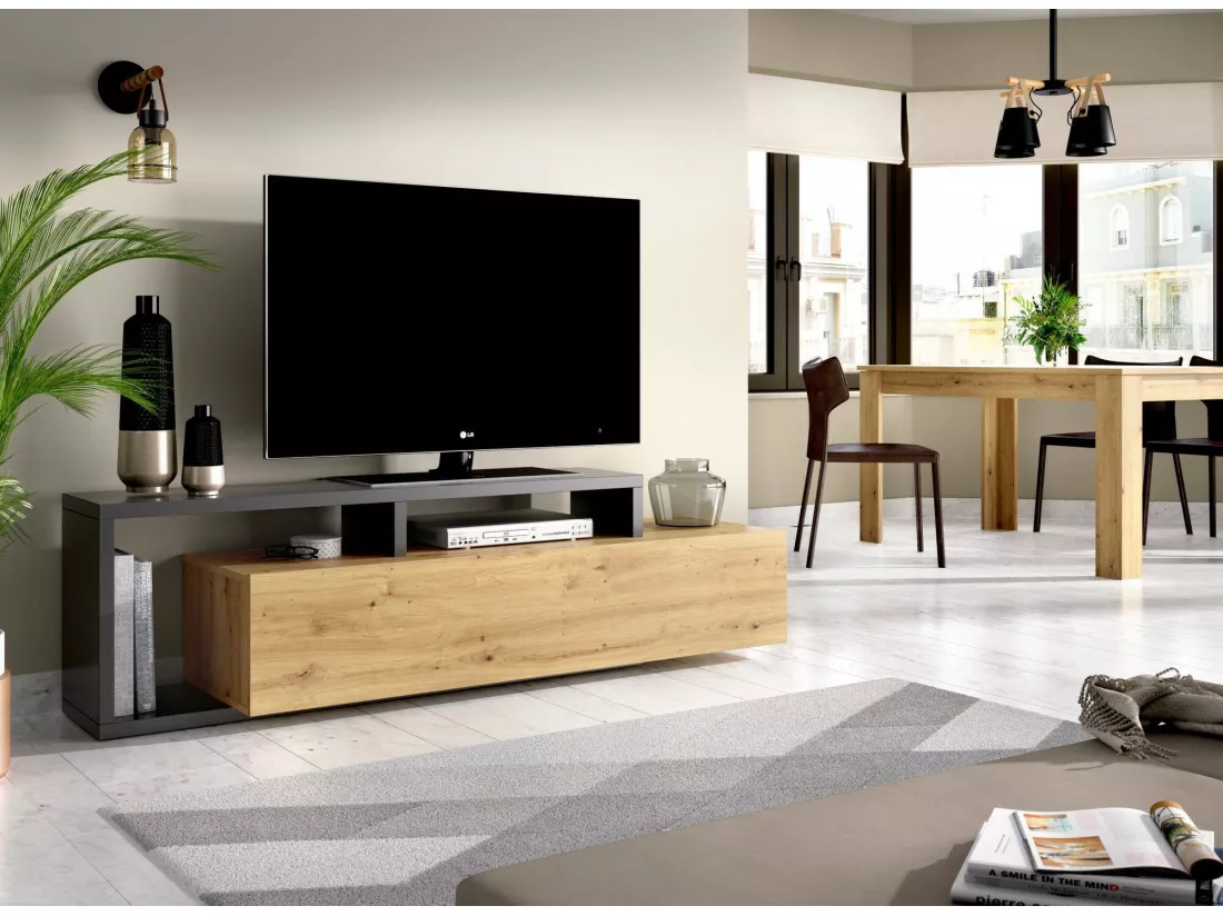 Meuble TV Dgodign, Buffet bas de salon, Buffet de salon pour télévision, 165x40h47 cm, Chêne Nodi et Anthracite