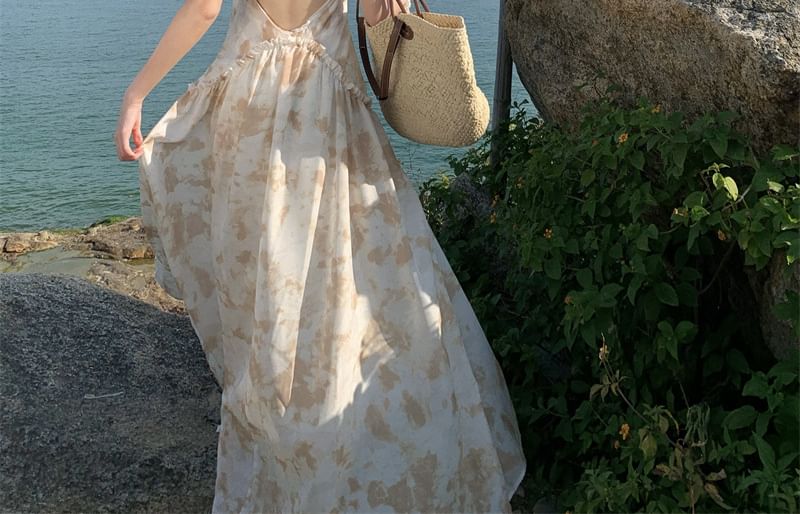 Moanum - Halter V-hals Tie Dye Open Rug Maxi A-lijn Jurk
