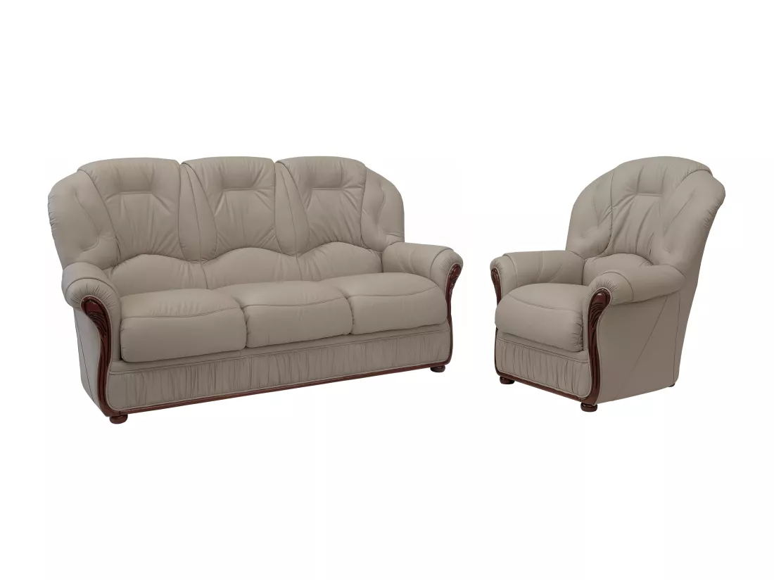 Canapé 3 places et fauteuil 100% cuir de buffle taupe DAPHNE