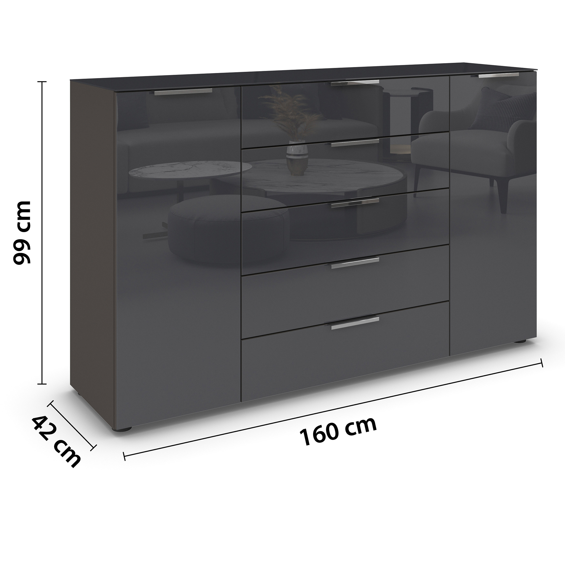 Kommode - graphit-Basaltglas - Chromgriffe - 160 cm