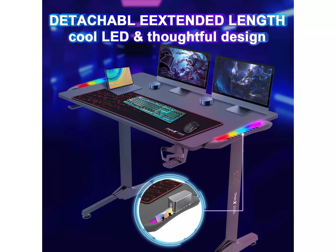 Bureau Gaming Ergonomique, Table d'ordinateur avec LED, Grand Bureau de jeu avec Panier à Boissons Crochet Pour Casque, Adapté au Bureau Maison, 110x60x75 cm