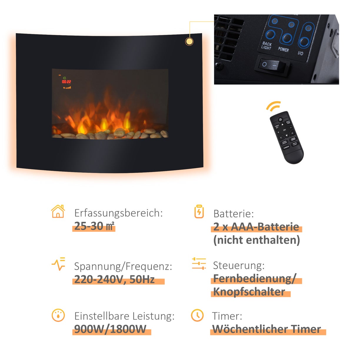 HOMCOM elektrische haard, 65 x 11,4 x 52 cm, metaal, veiligheidsglas, zwart