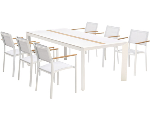 Garden Place Lynn 6-persoons eetkamerset bestaande uit: 6 stoelen, tafel, aluminium, WPC, textiel, hout, wit