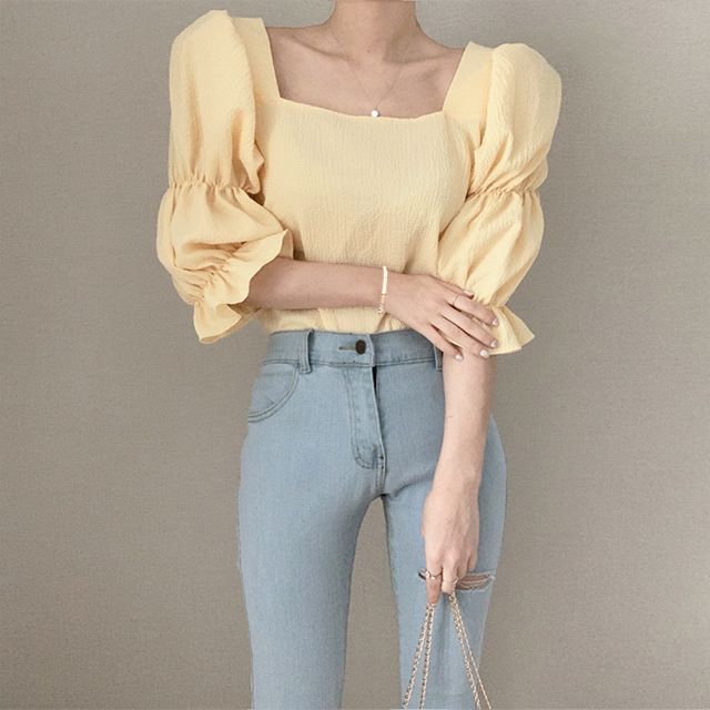 Elvik - Blouse met vierkante hals en elleboogmouwen