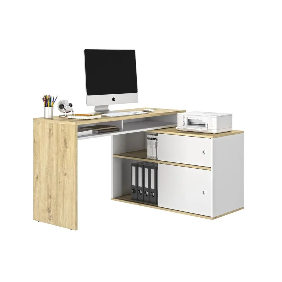 Diagone Bureau Modula - 6 posities - 2 Schuifdeuren - wit/eikenkleur