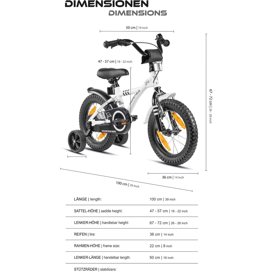 PROMETHEUS BICYCLES® Kinderfahrrad 14, Weiß-Schwarz mit Stützrädern