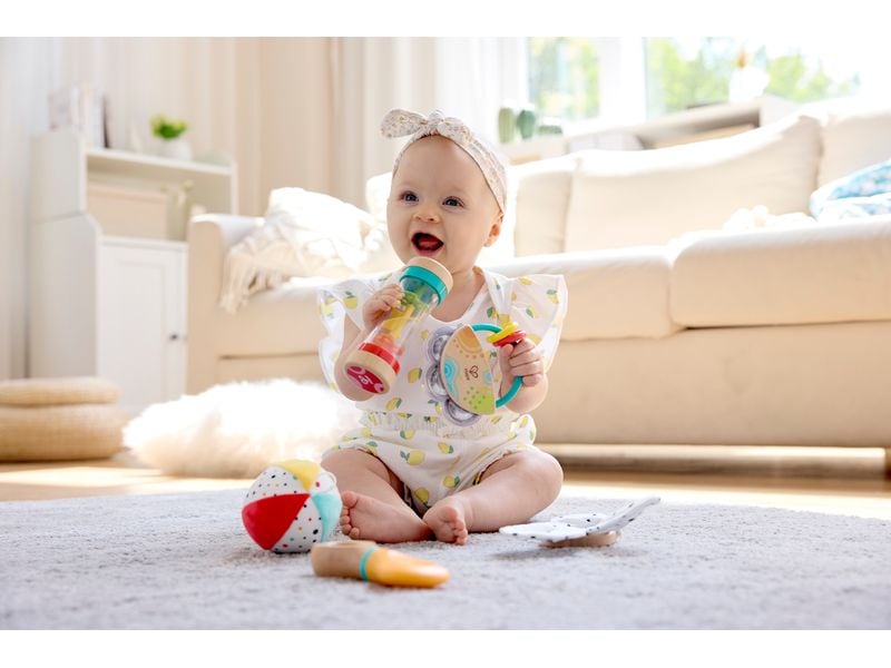 Hape Musikspielzeug 5-in-1-Baby-Sensorik-Set 5-tlg Spielzeugset fördert die sensorische Entwicklung