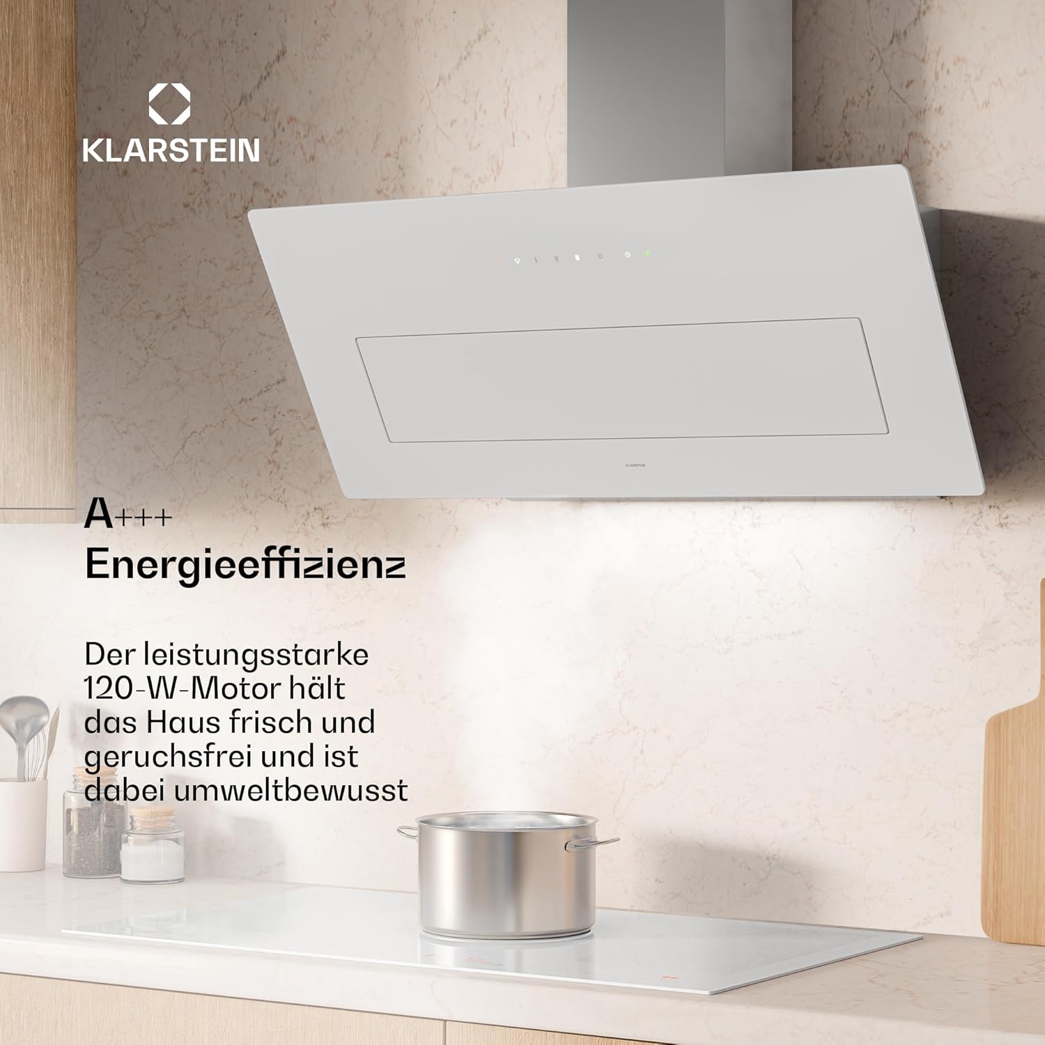 Klarstein SleekAir Dunstabzugshaube - 90 cm Kopffreihaube, 718 m³/h, A++ Energieeffizienz, Touch-Bedienung, LED 2700-6500 K, Weiß, Abluft & Umluft, Leise Eco Home Funktion