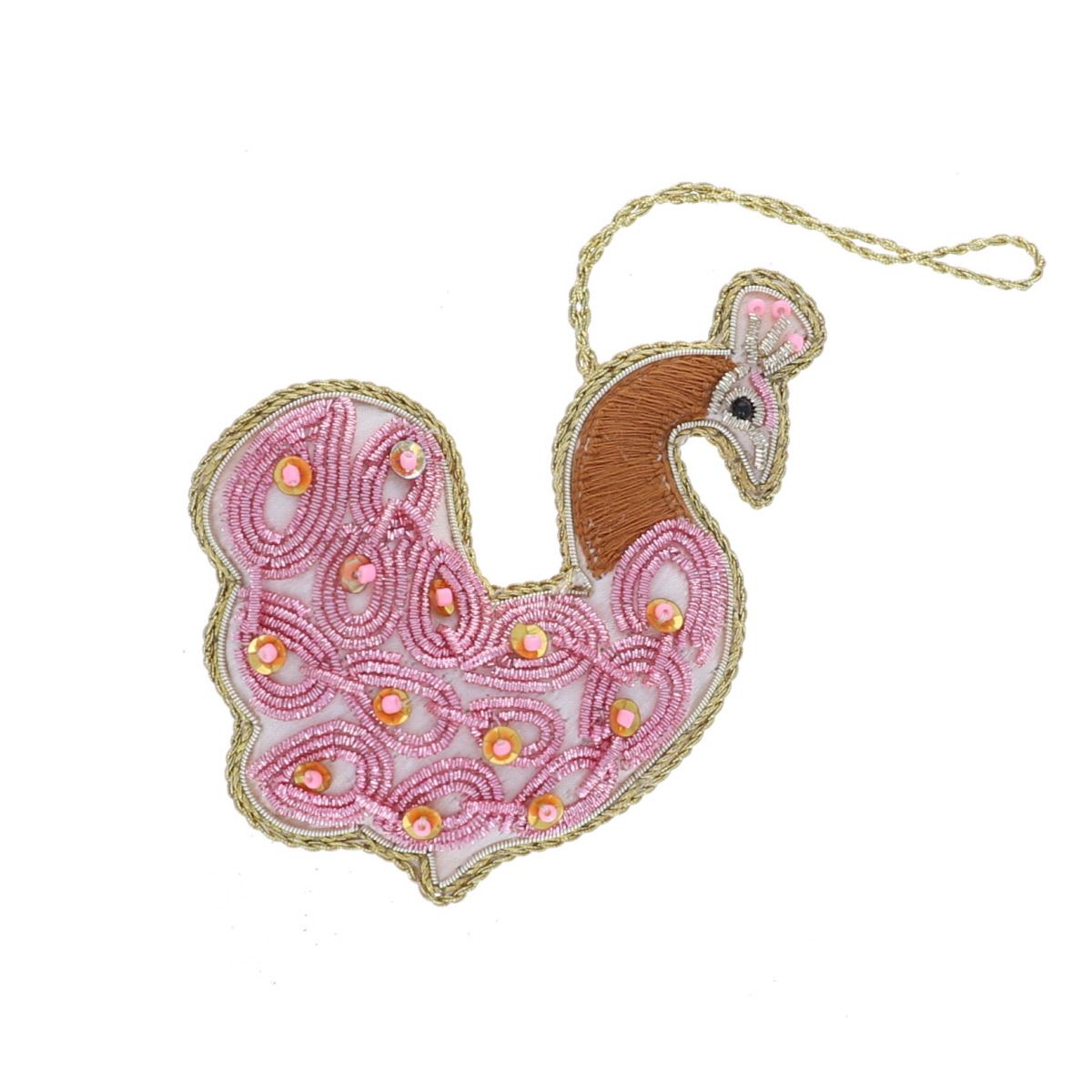 Suspension de noël broderies paon rose Pondie Chérie
