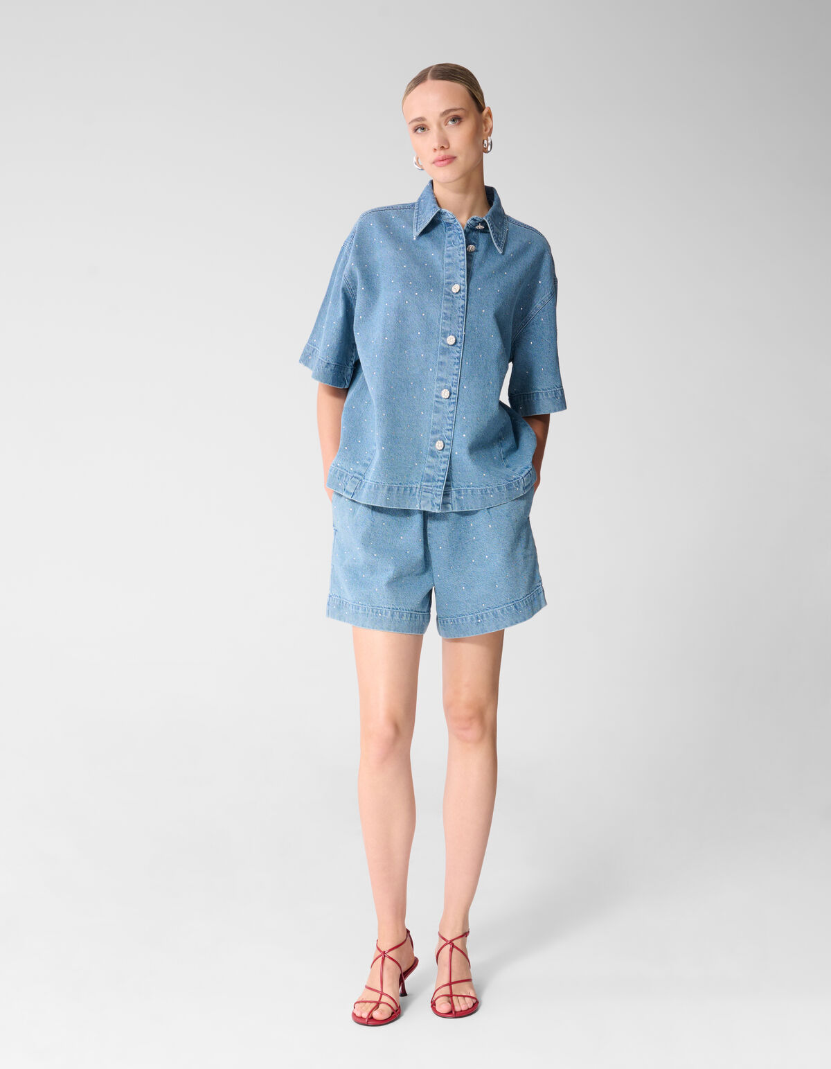 Oversized Fit Strass Denim Blouse Blauw